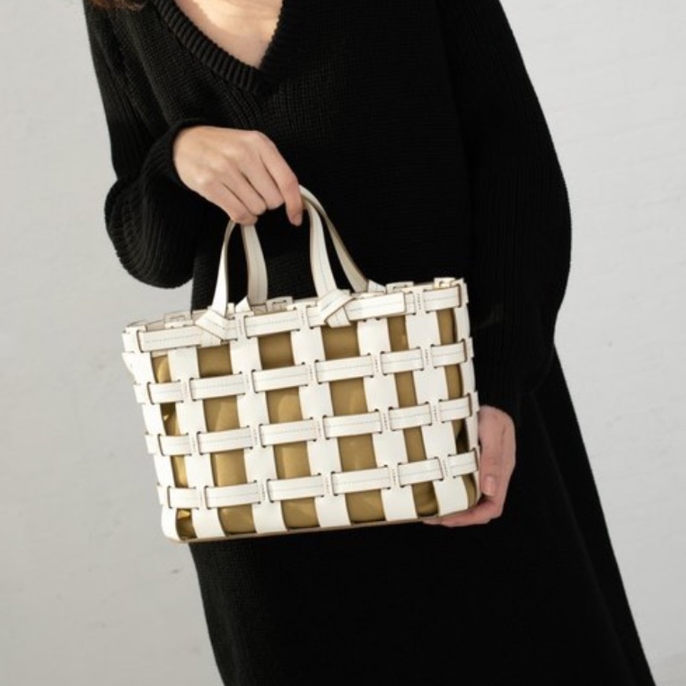 Trademark White and Tan Woven leather Frances Cage Tote Bag - Picture 5 of 5